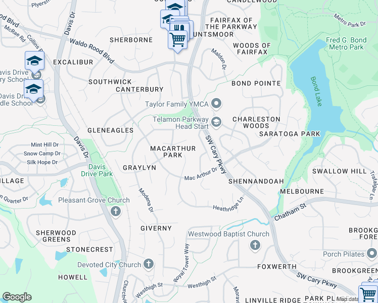 map of restaurants, bars, coffee shops, grocery stores, and more near 112 Langdale Place in Cary