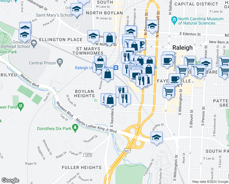map of restaurants, bars, coffee shops, grocery stores, and more near West Cabarrus Street in Raleigh
