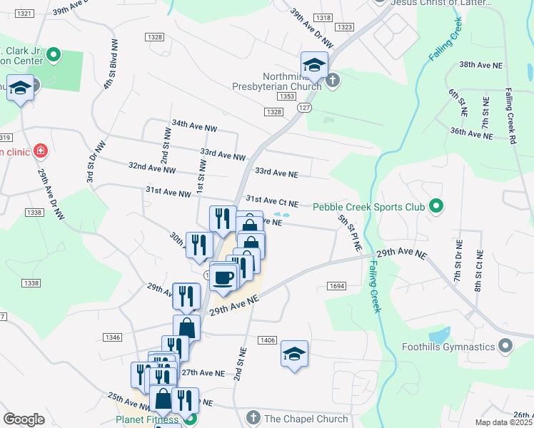 map of restaurants, bars, coffee shops, grocery stores, and more near 34 31st Avenue Court Northeast in Hickory