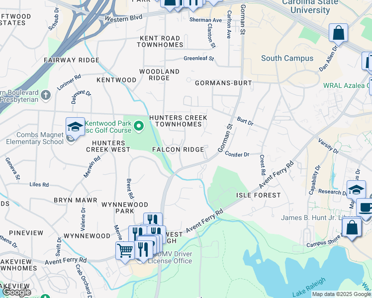 map of restaurants, bars, coffee shops, grocery stores, and more near 4206 Kaplan Drive in Raleigh