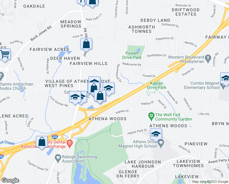 map of restaurants, bars, coffee shops, grocery stores, and more near 942 Athens Drive in Raleigh