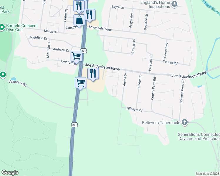 map of restaurants, bars, coffee shops, grocery stores, and more near 250 Joe B Jackson Parkway in Murfreesboro