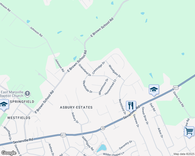map of restaurants, bars, coffee shops, grocery stores, and more near 103 Knoll Lane in Maryville