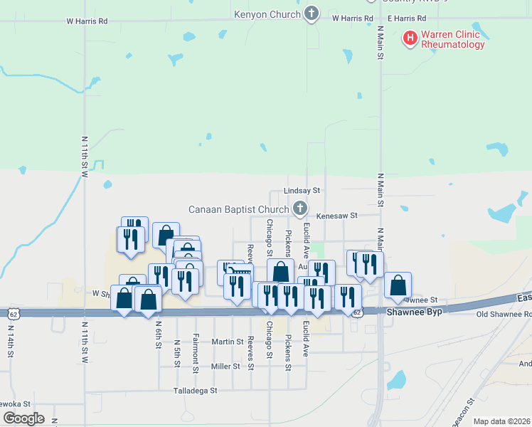 map of restaurants, bars, coffee shops, grocery stores, and more near 2401 Chicago Street in Muskogee