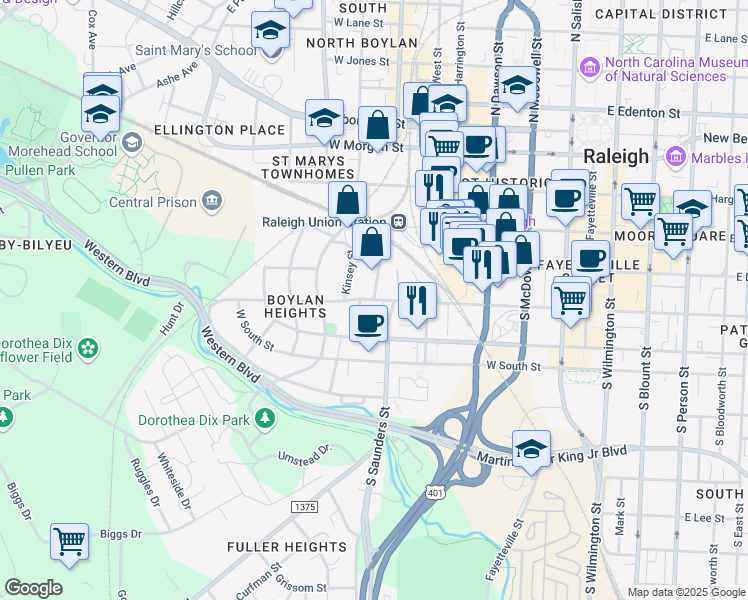 map of restaurants, bars, coffee shops, grocery stores, and more near West Cabarrus Street in Raleigh