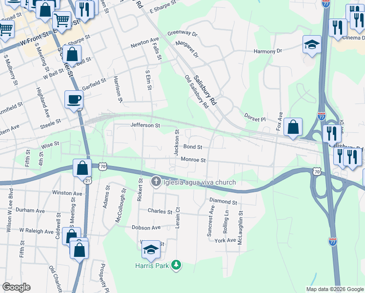 map of restaurants, bars, coffee shops, grocery stores, and more near 519 Bond Street in Statesville