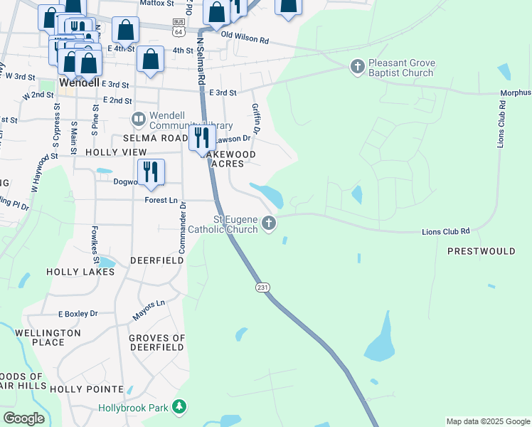 map of restaurants, bars, coffee shops, grocery stores, and more near 281 Lakewood Drive in Wendell