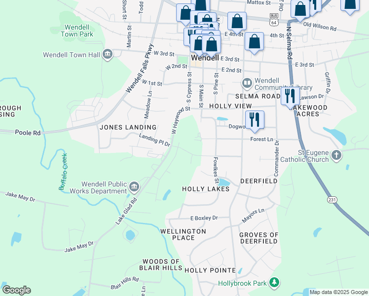 map of restaurants, bars, coffee shops, grocery stores, and more near 184 West Haywood Street in Wendell