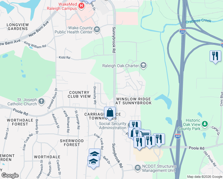 map of restaurants, bars, coffee shops, grocery stores, and more near 416 Sunnybrook Road in Raleigh