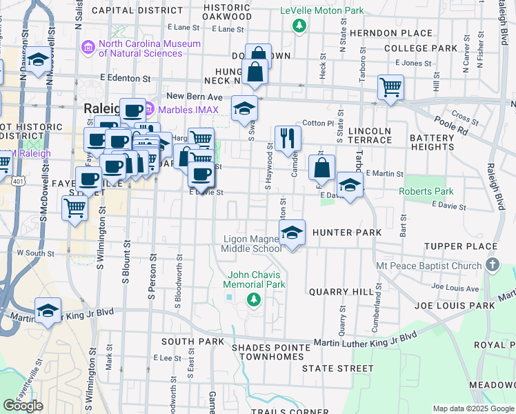 map of restaurants, bars, coffee shops, grocery stores, and more near 616 East Davie Street in Raleigh
