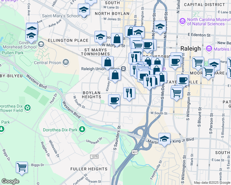map of restaurants, bars, coffee shops, grocery stores, and more near 600 West Cabarrus Street in Raleigh