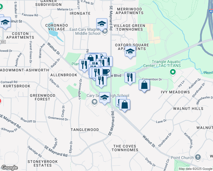 map of restaurants, bars, coffee shops, grocery stores, and more near 770 Cary Towne Boulevard in Cary