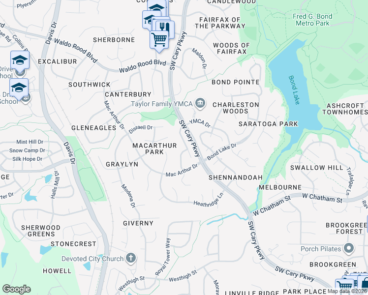 map of restaurants, bars, coffee shops, grocery stores, and more near 108 Barons Glenn Way in Cary