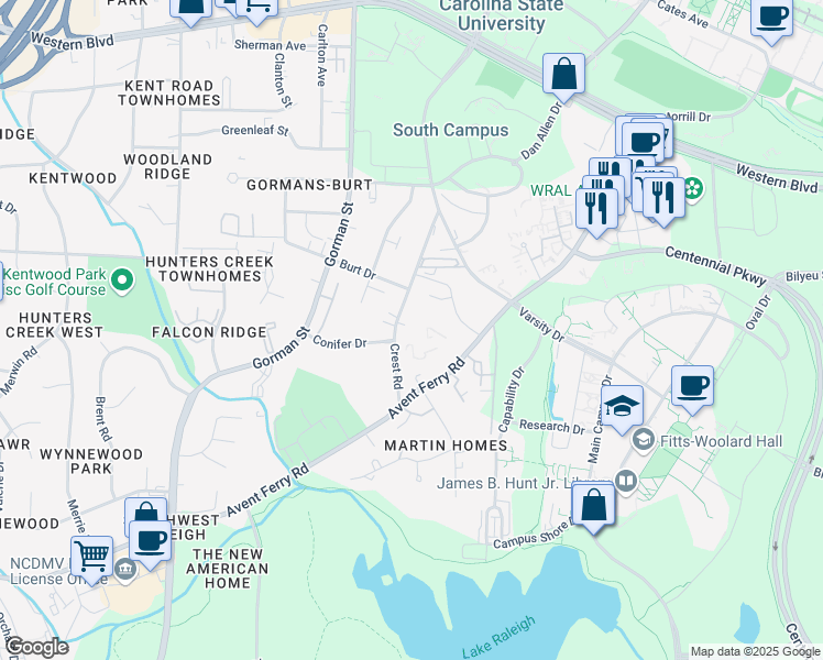 map of restaurants, bars, coffee shops, grocery stores, and more near 1625 Crest Road in Raleigh