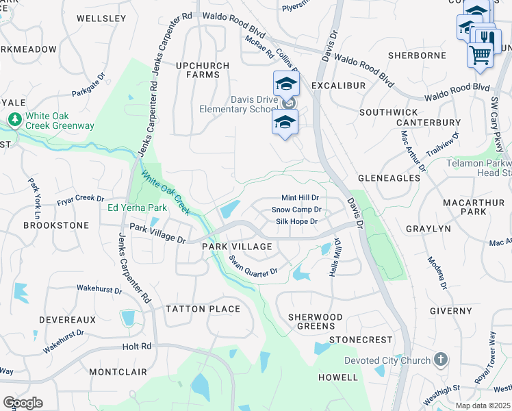 map of restaurants, bars, coffee shops, grocery stores, and more near 227 Mint Hill Drive in Cary