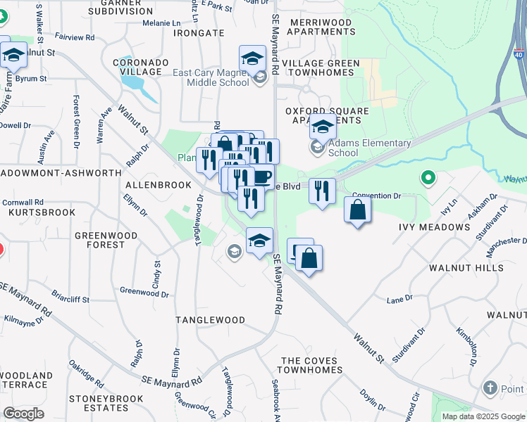 map of restaurants, bars, coffee shops, grocery stores, and more near 885 Walnut Street in Cary