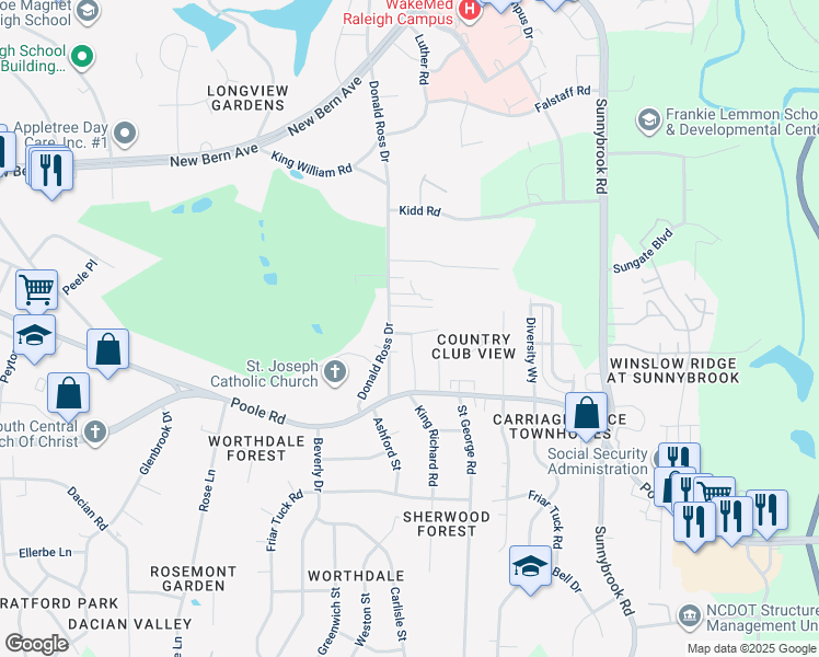 map of restaurants, bars, coffee shops, grocery stores, and more near 3001 Warren Avenue in Raleigh