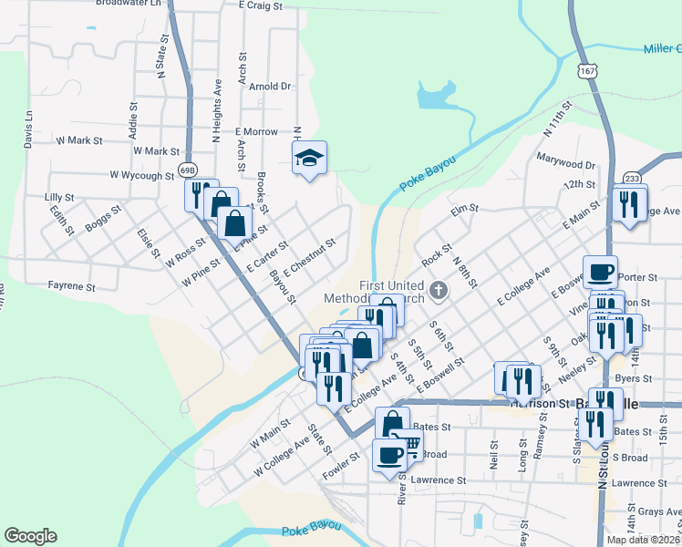 map of restaurants, bars, coffee shops, grocery stores, and more near 660 East Charles Street in Batesville