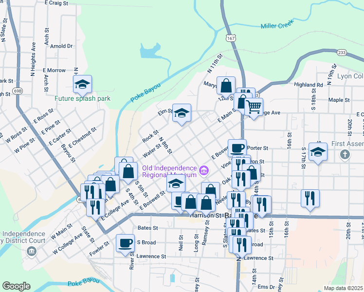 map of restaurants, bars, coffee shops, grocery stores, and more near 875 East Main Street in Batesville