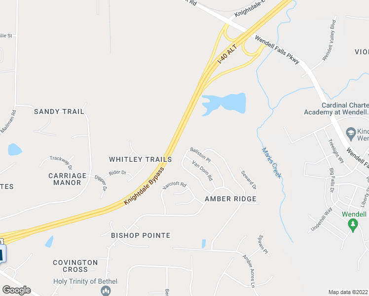 map of restaurants, bars, coffee shops, grocery stores, and more near 2128 Ballston Place in Knightdale