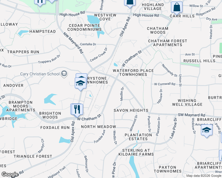map of restaurants, bars, coffee shops, grocery stores, and more near State Road 1011 in Cary