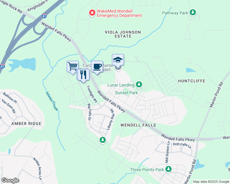 map of restaurants, bars, coffee shops, grocery stores, and more near 244 Douglas Falls Drive in Wendell