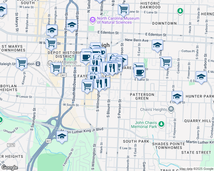 map of restaurants, bars, coffee shops, grocery stores, and more near 444 South Blount Street in Raleigh