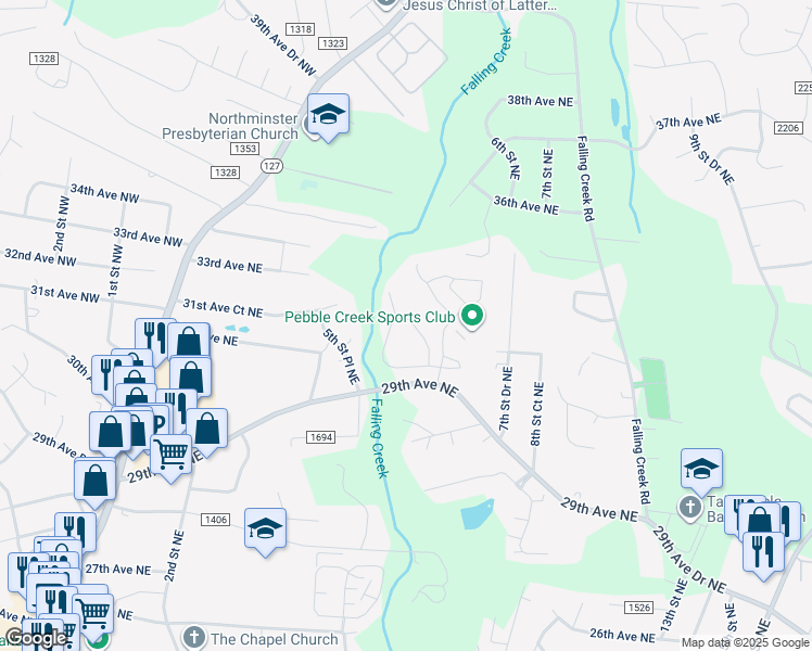 map of restaurants, bars, coffee shops, grocery stores, and more near 529 30th Avenue Circle Northeast in Hickory