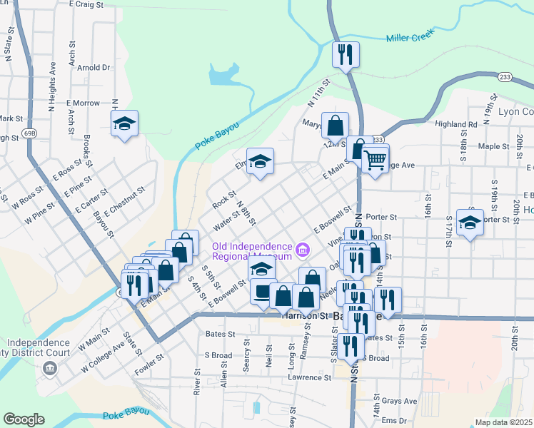 map of restaurants, bars, coffee shops, grocery stores, and more near 875 East Main Street in Batesville