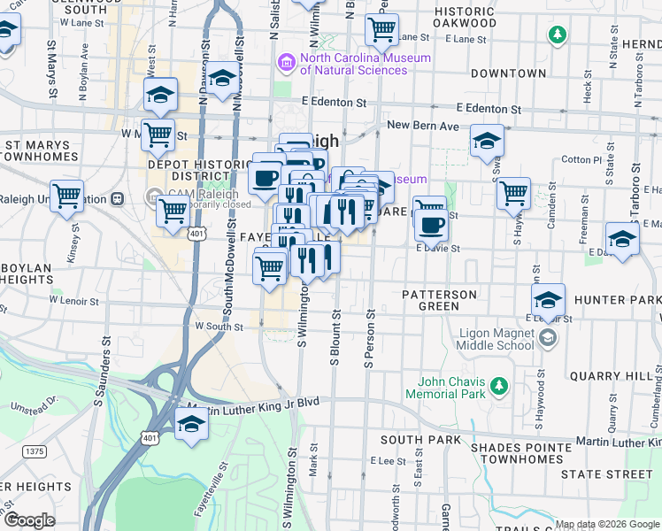 map of restaurants, bars, coffee shops, grocery stores, and more near 131 East Cabarrus Street in Raleigh