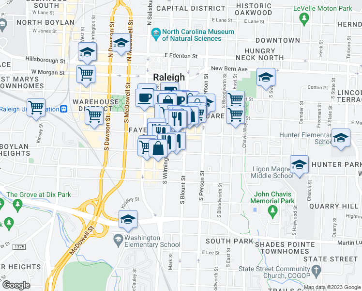 map of restaurants, bars, coffee shops, grocery stores, and more near 444 South Blount Street in Raleigh