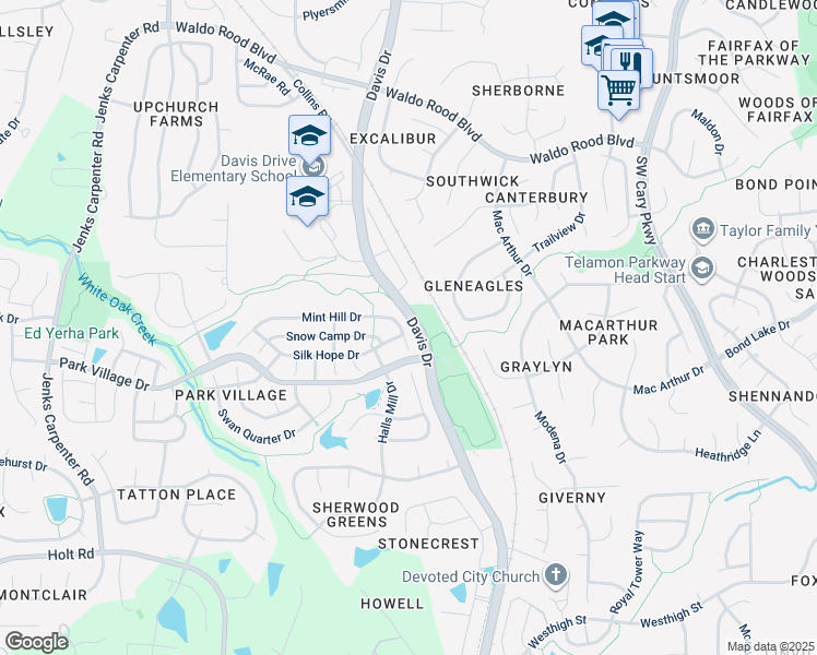 map of restaurants, bars, coffee shops, grocery stores, and more near 100 Mint Hill Drive in Cary