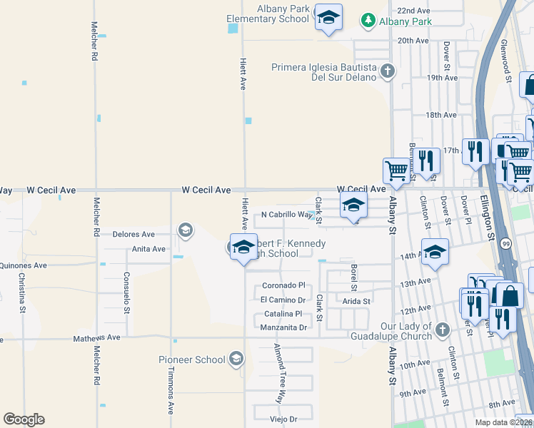 map of restaurants, bars, coffee shops, grocery stores, and more near 433 North Cabrillo Way in Delano