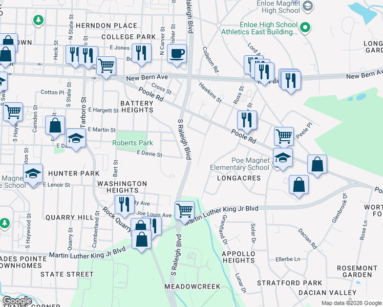 map of restaurants, bars, coffee shops, grocery stores, and more near 1629 Battery Drive in Raleigh