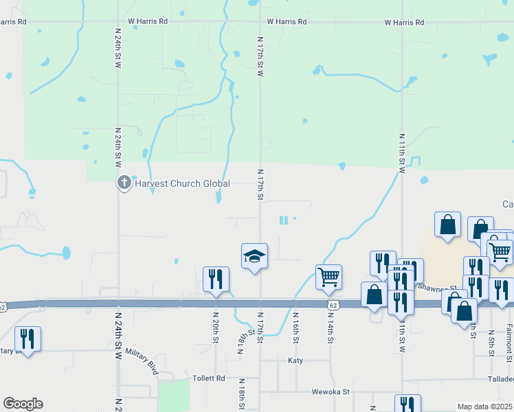 map of restaurants, bars, coffee shops, grocery stores, and more near 1401 Carver Avenue in Muskogee