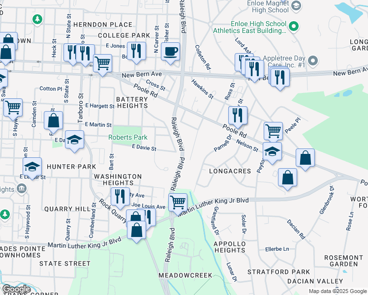 map of restaurants, bars, coffee shops, grocery stores, and more near 1629 Battery Drive in Raleigh