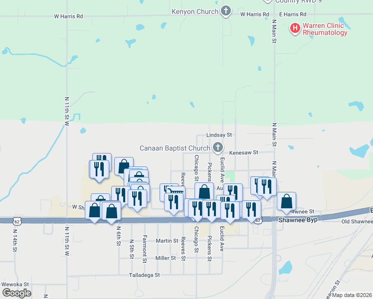 map of restaurants, bars, coffee shops, grocery stores, and more near 2401 Chicago Street in Muskogee