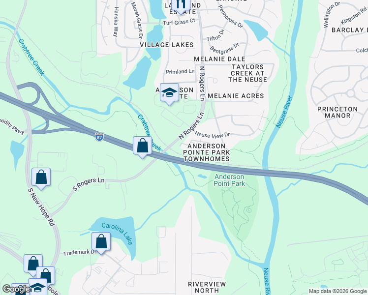 map of restaurants, bars, coffee shops, grocery stores, and more near 102 North Rogers Lane in Raleigh