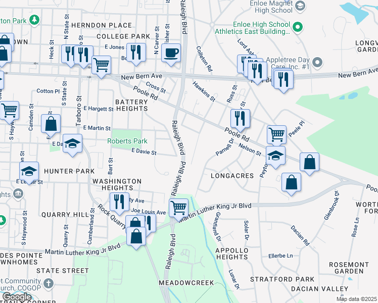 map of restaurants, bars, coffee shops, grocery stores, and more near 1629 Battery Drive in Raleigh