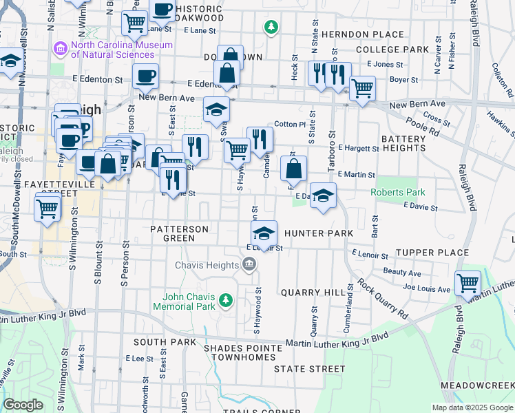 map of restaurants, bars, coffee shops, grocery stores, and more near 720 East Davie Street in Raleigh