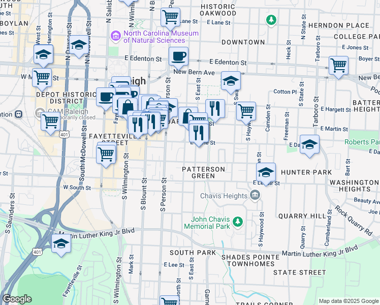 map of restaurants, bars, coffee shops, grocery stores, and more near 401 South Bloodworth Street in Raleigh