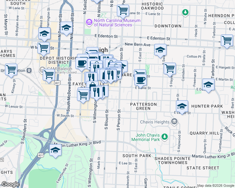 map of restaurants, bars, coffee shops, grocery stores, and more near 403 South Blount Street in Raleigh