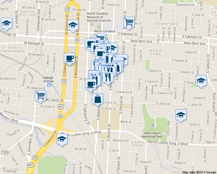 map of restaurants, bars, coffee shops, grocery stores, and more near 131 East Cabarrus Street in Raleigh