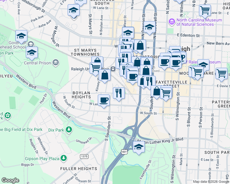map of restaurants, bars, coffee shops, grocery stores, and more near 400 South West Street in Raleigh