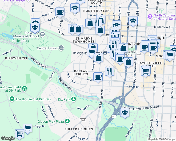 map of restaurants, bars, coffee shops, grocery stores, and more near 414 South Boylan Avenue in Raleigh