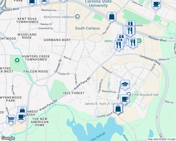 map of restaurants, bars, coffee shops, grocery stores, and more near 3504 Ivy Commons Drive in Raleigh