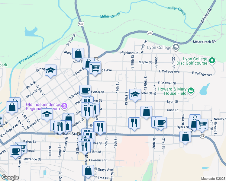 map of restaurants, bars, coffee shops, grocery stores, and more near 1487 Porter Street in Batesville