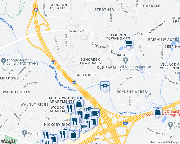 map of restaurants, bars, coffee shops, grocery stores, and more near 5903 Suncreek Court in Raleigh