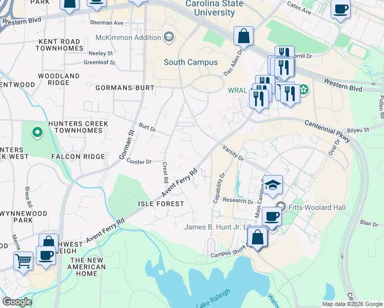 map of restaurants, bars, coffee shops, grocery stores, and more near 3504 Ivy Commons Drive in Raleigh