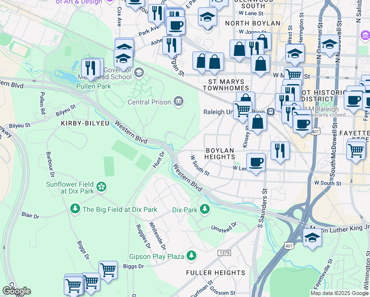 map of restaurants, bars, coffee shops, grocery stores, and more near 1106 West Cabarrus Street in Raleigh